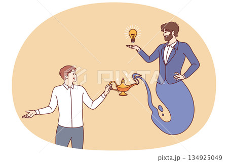 Business man releases genie from jug to get idea for developing company or attracting clients 134925049