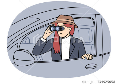 Woman detective secretly spies on boyfriend, looking out of car with binoculars in hands Woman detective secretly spies on boyfriend, looking out of car with binoculars in hands 134925058