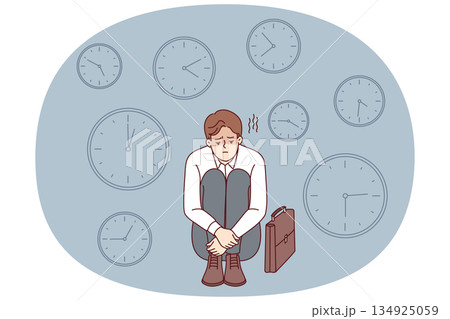Business man sad because of lack time and problems with missing deadlines causing troubles at work 134925059