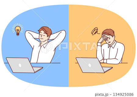 Pensive man office employee relaxing after coming up with good idea for startup, sitting near laptop Pensive man office employee relaxing after coming up with good idea for startup, sitting near laptop 134925086