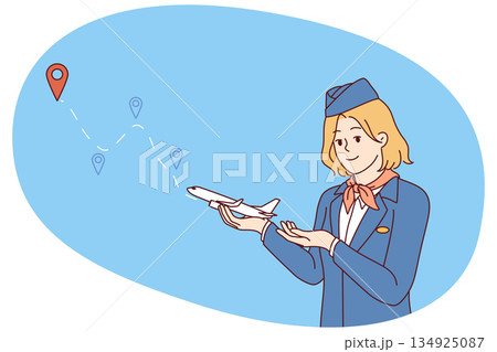 Woman stewardess invites you to go on air trip, becoming client of airline, holding small plane 134925087