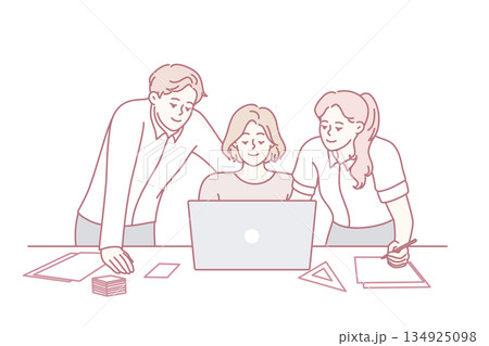 Happy colleagues brainstorm on computer 134925098