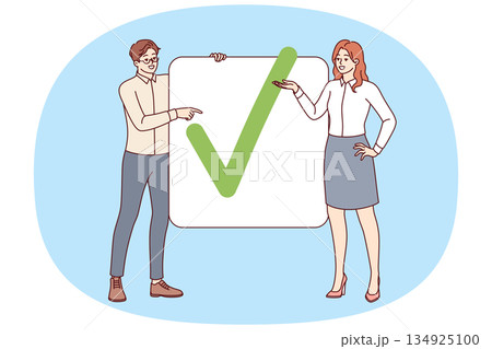 Business partners have completed project show check mark proving completion of assigned tasks Business partners have completed project show check mark proving completion of assigned tasks 134925100