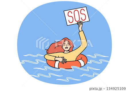Drowning woman with sos sign uses lifebuoy, floating in water after falling overboard ship 134925109