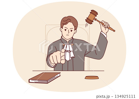 Stern judge man pronounces verdict and points finger at screen after hitting gavel 134925111