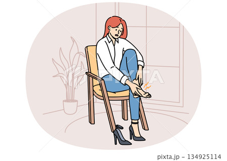 Woman with varicose veins feels pain in legs due to uncomfortable high-heeled shoes Woman with varicose veins feels pain in legs due to uncomfortable high-heeled shoes 134925114