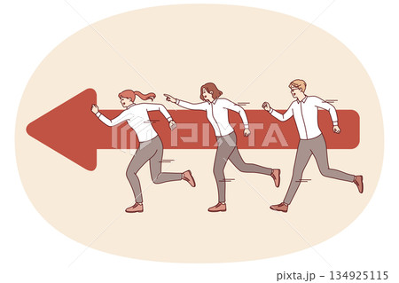 Teamwork of business people running together near arrow and striving to quickly achieve goal Teamwork of business people running together near arrow and striving to quickly achieve goal 134925115
