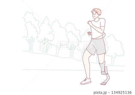 Smiling man with prosthesis run in park 134925136