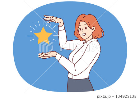 Business woman, best employee of month, received star confirming excellent skills to achieve tasks 134925138