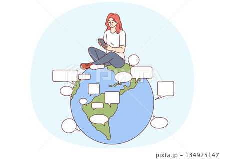 Woman uses online translator in mobile phone to communicate in different languages, sitting on globe Woman uses online translator in mobile phone to communicate in different languages, sitting on globe 134925147