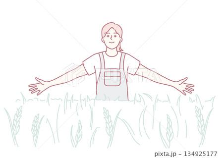 Farmer embracing nature amid ripe wheat crops, Sunlit rural scene depicting farm life and land harmony Farmer embracing nature amid ripe wheat crops, Sunlit rural scene depicting farm life and land harmony 134925177