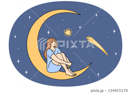 Woman admires starry sky, sitting on crescent and making secret wish during starfall Woman admires starry sky, sitting on crescent and making secret wish during starfall 134925178