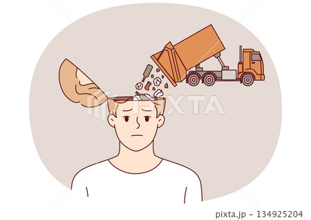 Men need information detox to clear garbage in heads poured out of truck symbolizing fake news Men need information detox to clear garbage in heads poured out of truck symbolizing fake news 134925204