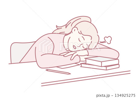 Tired woman among books and notes, Burnedout woman relaxes on desk with textbooks and writing supplies 134925275
