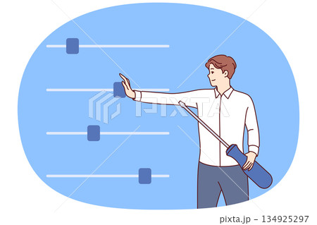 Man manages business using configuration sliders to control processes of executing plans Man manages business using configuration sliders to control processes of executing plans 134925297