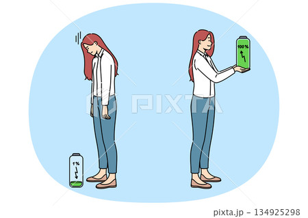 Woman with full battery energy feels exhausted and burnt out after day at office Woman with full battery energy feels exhausted and burnt out after day at office 134925298