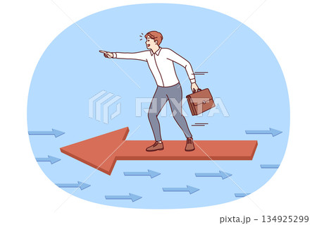 Oppositional actions of investor acting differently, standing on arrow flying in opposite direction Oppositional actions of investor acting differently, standing on arrow flying in opposite direction 134925299