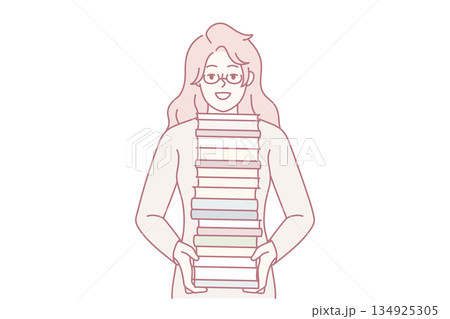 Confident student balancing book stack, Graduate female with glasses confidently managing study materials 134925305