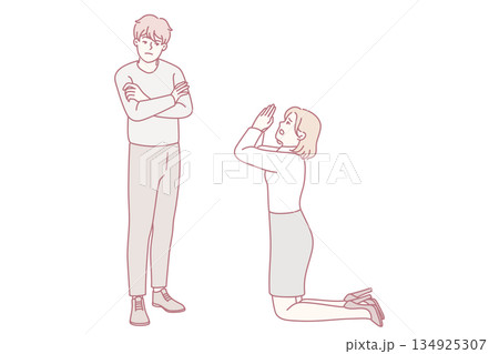 Intimate argument involving plea and tension, Woman begs man with vulnerability and emotional weight 134925307