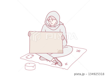 Poor man with poster begging on street 134925318