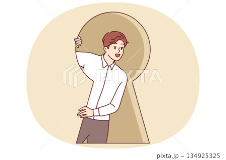Business man shows curiosity by looking through large keyhole to find out secrets of competitors 134925325