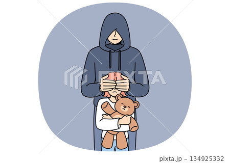 Maniac closes eyes little girl with children toy, for public service announcement against pedophilia Maniac closes eyes little girl with children toy, for public service announcement against pedophilia 134925332