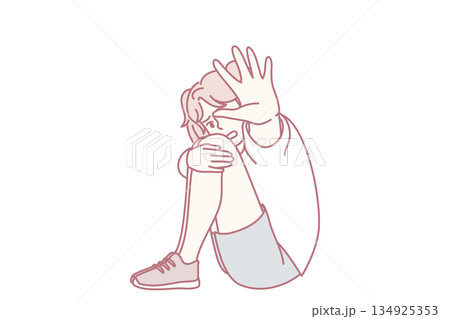 Scared girl make stop gesture 134925353