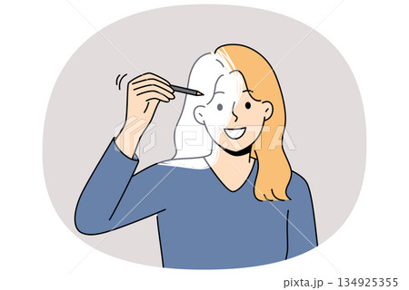 Woman draws own image with pencil, symbolizing self-development and desire to become better Woman draws own image with pencil, symbolizing self-development and desire to become better 134925355