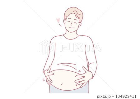 Smiling fat man touching big belly 134925411