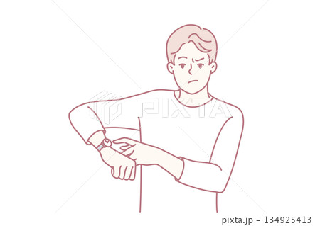 Angry man point at wristwatch warn about deadline Angry man point at wristwatch warn about deadline 134925413