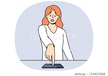 Indignant woman points finger at mobile phone after learning about leak of confidential information Indignant woman points finger at mobile phone after learning about leak of confidential information 134925460