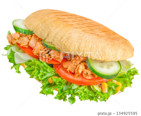 Chicken sandwich with fresh vegetables isolated on white background 134925595