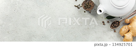 Tea Preparation Ingredients with Copy Space on Light Background 134925701