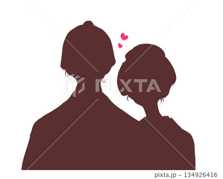 寄り添う着物を着た男女　江戸時代　恋愛　バストアップ　シルエット 134926416