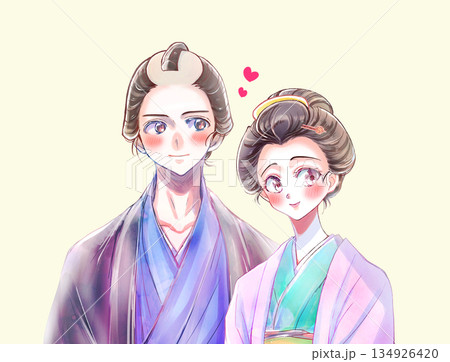 寄り添う着物を着た男女　江戸時代　恋愛　バストアップ 134926420