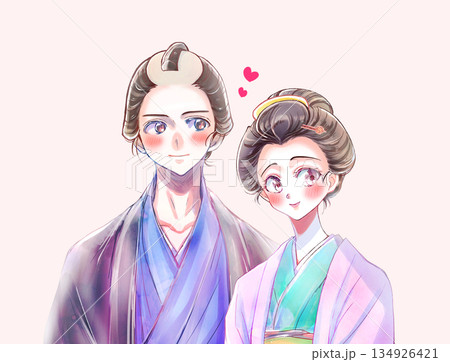 寄り添う着物を着た男女　江戸時代　恋愛　バストアップ 134926421
