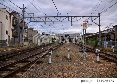 The train station in Arashiyamn, Kyoto, Japan with cloudy sky, Japan Transportation system. Travel concept. 134926473