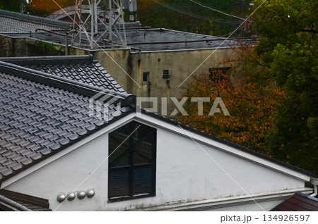 The rooftop of Japanese house, traditional Japanese house rooftop. Tile roof in Japan. Building exterior. Travel concept. The rooftop of Japanese house, traditional Japanese house rooftop. Tile roof in Japan. Building exterior. Travel concept. 134926597