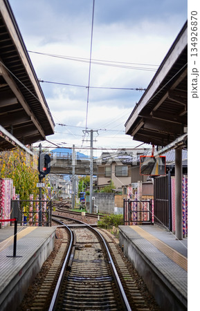The train station in Arashiyamn, Kyoto, Japan with cloudy sky, Japan Transportation system. Travel concept. The train station in Arashiyamn, Kyoto, Japan with cloudy sky, Japan Transportation system. Travel concept. 134926870