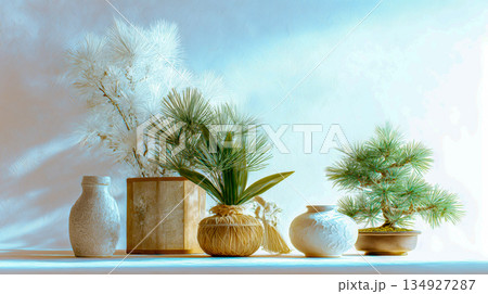 棚の上の陶器鉢と盆栽を使った室内植物アレン. 134927287