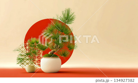 丸い赤い太陽を背景にした陶器の鉢の盆栽 134927382