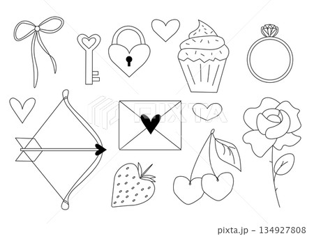 Set of doodle hand-drawn images about love on white background. Valentine's Day isolated set. Vector graphic line black and white illustration. Design for package, cosmetic, textile, cards. Set of doodle hand-drawn images about love on white background. Valentine's Day isolated set. Vector graphic line black and white illustration. Design for package, cosmetic, textile, cards. 134927808