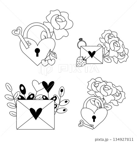 Valentine's Day composition set. Vector graphic line black and white illustration. Banner, poster, wrapping paper, sticker, print, modern textile design. Valentine's Day composition set. Vector graphic line black and white illustration. Banner, poster, wrapping paper, sticker, print, modern textile design. 134927811