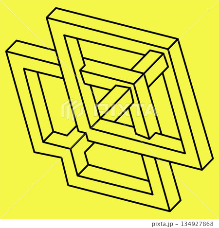 Impossible shapes. Sacred geometry. Optical illusion figures. Abstract eternal geometric object. Impossible endless outline. Impossible geometry shape on a yellow background. Impossible shapes. Sacred geometry. Optical illusion figures. Abstract eternal geometric object. Impossible endless outline. Impossible geometry shape on a yellow background. 134927868