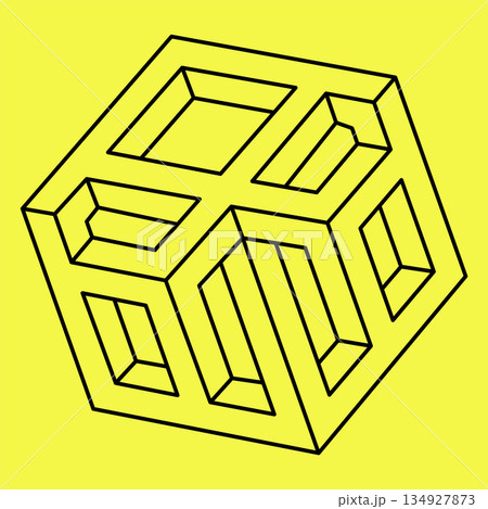 Impossible shape. Optical illusion. Abstract eternal geometric object. Impossible endless outline. Impossible geometry symbol on a yellow background. Impossible shape. Optical illusion. Abstract eternal geometric object. Impossible endless outline. Impossible geometry symbol on a yellow background. 134927873