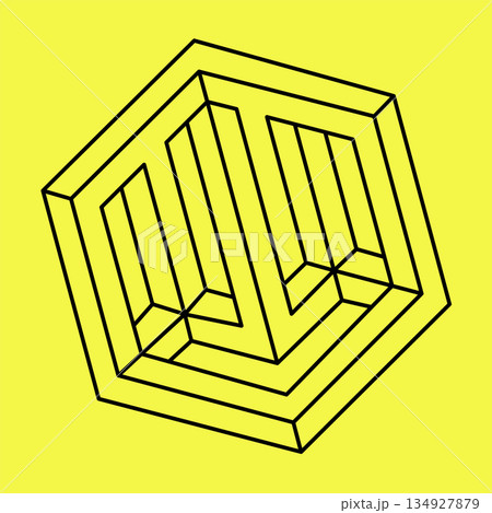 Impossible hexagon sign. Optical illusion. Abstract symbol, impossible geometry on a yellow background. Unreal geometric shape. Hexagonal logo design. Vector illustration. Op art. 134927879