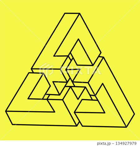 Impossible shapes. Sacred geometry triangle. Optical illusion figure. Abstract eternal geometric object. Impossible endless outline. Line art. Op art. Impossible geometry shape on a yellow background. 134927979