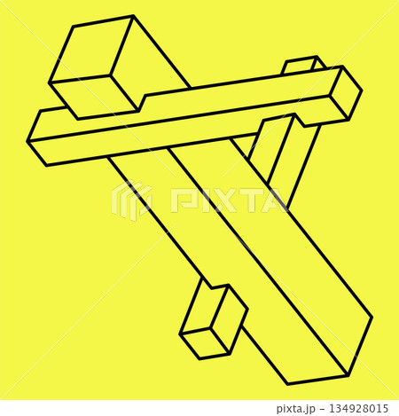 Impossible shapes. Sacred geometry. Optical illusion figure. Abstract eternal geometric object. Impossible endless outline shape. Optical art. Impossible geometry symbol on a yellow background. 134928015
