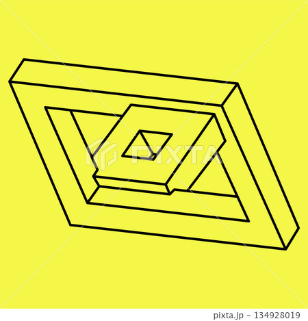 Impossible shapes. Sacred geometry cube. Optical illusion figures. Abstract eternal geometric object. Impossible endless outline. Line art. Op art. Impossible geometry shape on a yellow background. Impossible shapes. Sacred geometry cube. Optical illusion figures. Abstract eternal geometric object. Impossible endless outline. Line art. Op art. Impossible geometry shape on a yellow background. 134928019