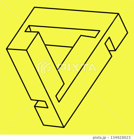 Impossible shapes. Sacred geometry. Optical illusion figure. Abstract eternal geometric object. Line art. Op art. Impossible geometry shape on a yellow background. Impossible shapes. Sacred geometry. Optical illusion figure. Abstract eternal geometric object. Line art. Op art. Impossible geometry shape on a yellow background. 134928023